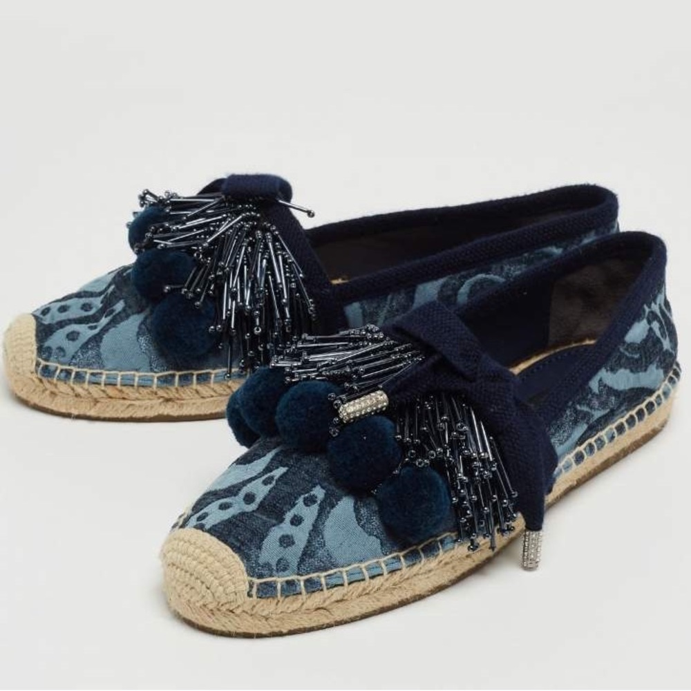 Marc Jacobs Blue Fabric Sienna Pom Pom Espadrille Flats Shoes Size 37.5 BLUE NEW